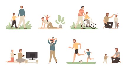 Fototapeta na wymiar Father and son. Dad raising young boy, parenting child and fathers love concept. Daddy and son family activity, sons with father relationship or fatherhood isolated vector illustration icons set