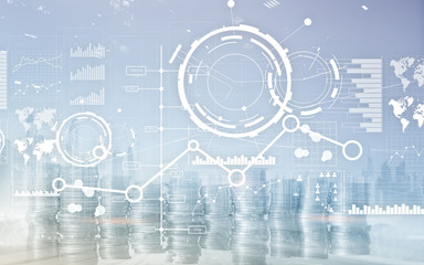 Creative digital abstract business interface background. Financial chart graph diagram and icon on virtual screen. Double exposure.