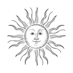 Vector image of the sun in the style of engraving.