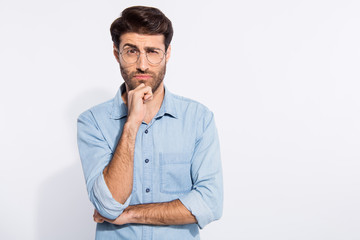 I do not trust you. Photo of arabian amazing guy looking suspicious not believe wear specs casual...
