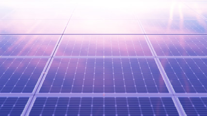 Solar panels at sunset. Alternative energy. Ecological, clean energy. Photovoltaic solar panels, with reflection of a beautiful evening sky. Solar panels in the desert. 3D illustration