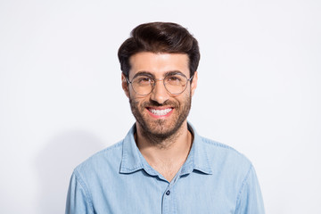 Photo of amazing arabian business guy toothy beaming smile ready for work wear specs casual denim...