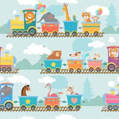 Printed kitchen splashbacks Animals in transport Seamless animals on train pattern. Happy animal in railroad car, trains trip and children. Elephant, tiger and giraffe on locomotive wrapping, wallpapper or fabric cartoon vector illustration