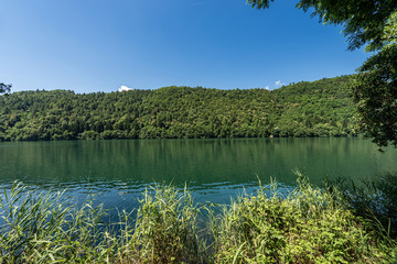 Lago di Levico, small lake in Italian Alps, Levico Terme town, Trento province, Trentino Alto Adige, Italy, Europe