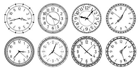 Vintage round clock face. Antique clocks with arabic numerals, retro watchface and antic watches. Elegant time clock, hour clocking sign. Isolated vector illustration symbols set