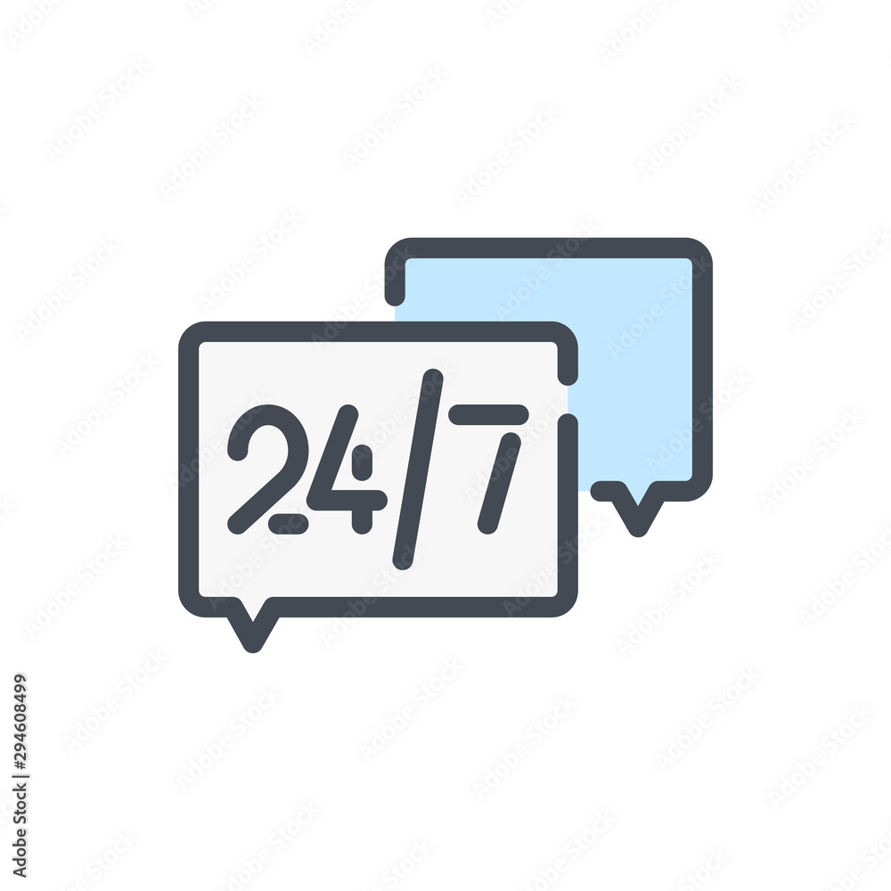 Poster 24/7 online support color line icon. chat bubbles with assistant help message vector outline colorfu