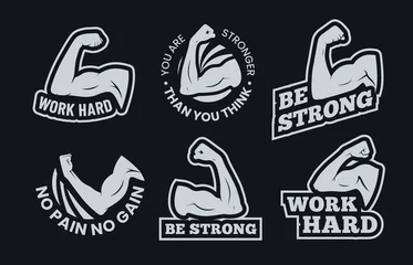 Foto op Canvas Powerful biceps muscle inspirational quotes. Be strong, work hard arm muscles and power gym. Bodybuilding and fitness signs, athletic exercise badge or motivation quotes. Isolated vector icons set © Tartila