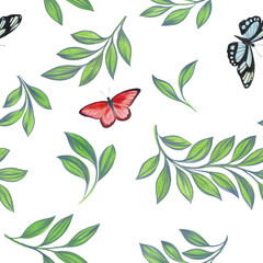 Botanical pattern on a white background.Butterflies and leaves for design.
