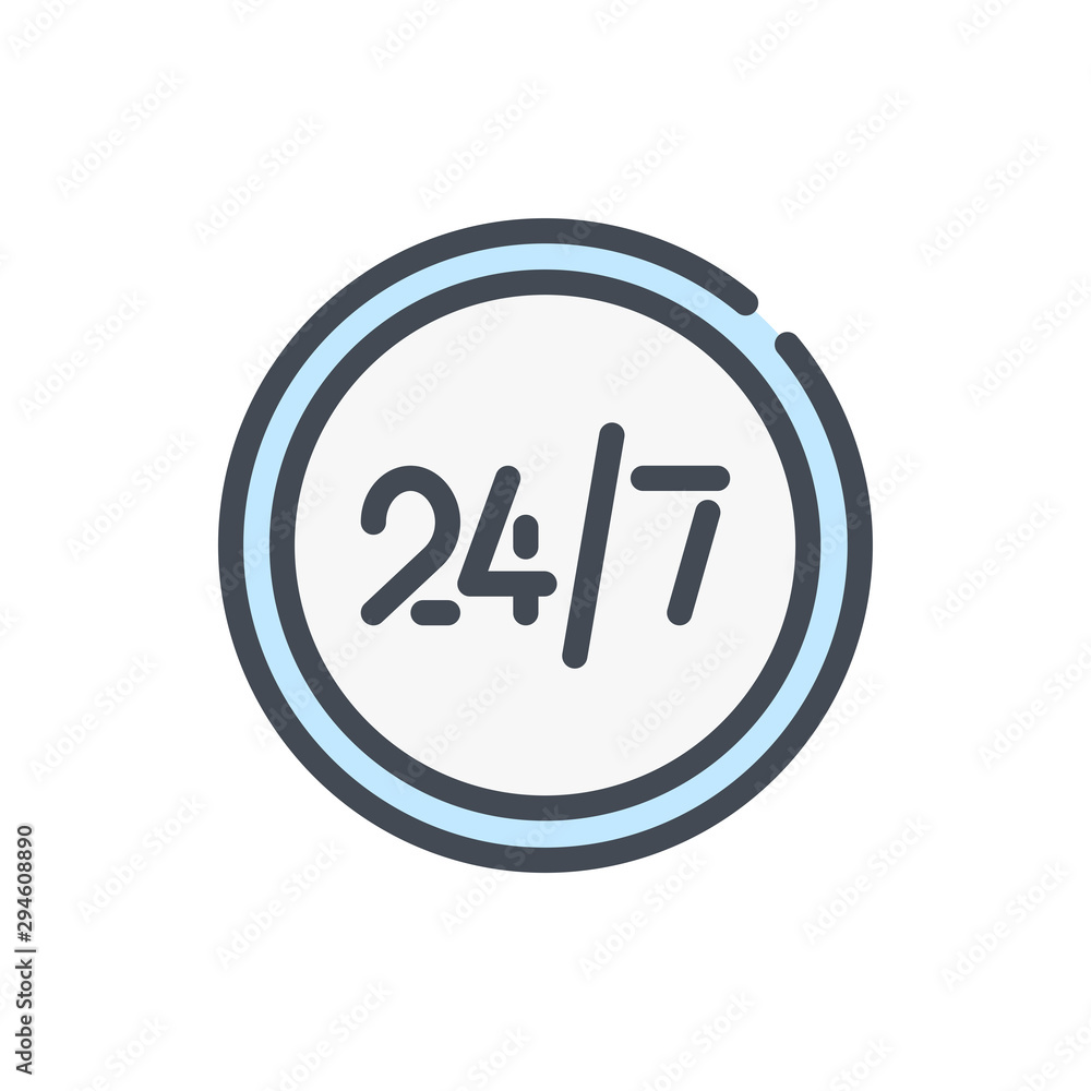 Poster customer service 24/7 color line icon. circle button with 24/7 vector outline colorful sign.