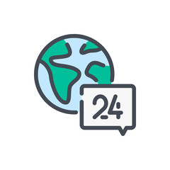 Worldwide support color line icon. World and chat with 24 support vector outline colorful sign.