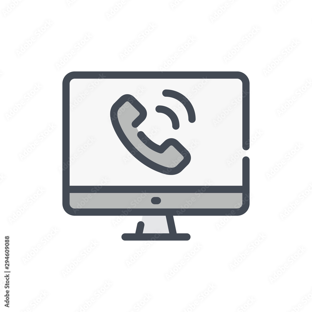 Poster online call service color line icon. callback and computer with phone tube vector outline colorful s