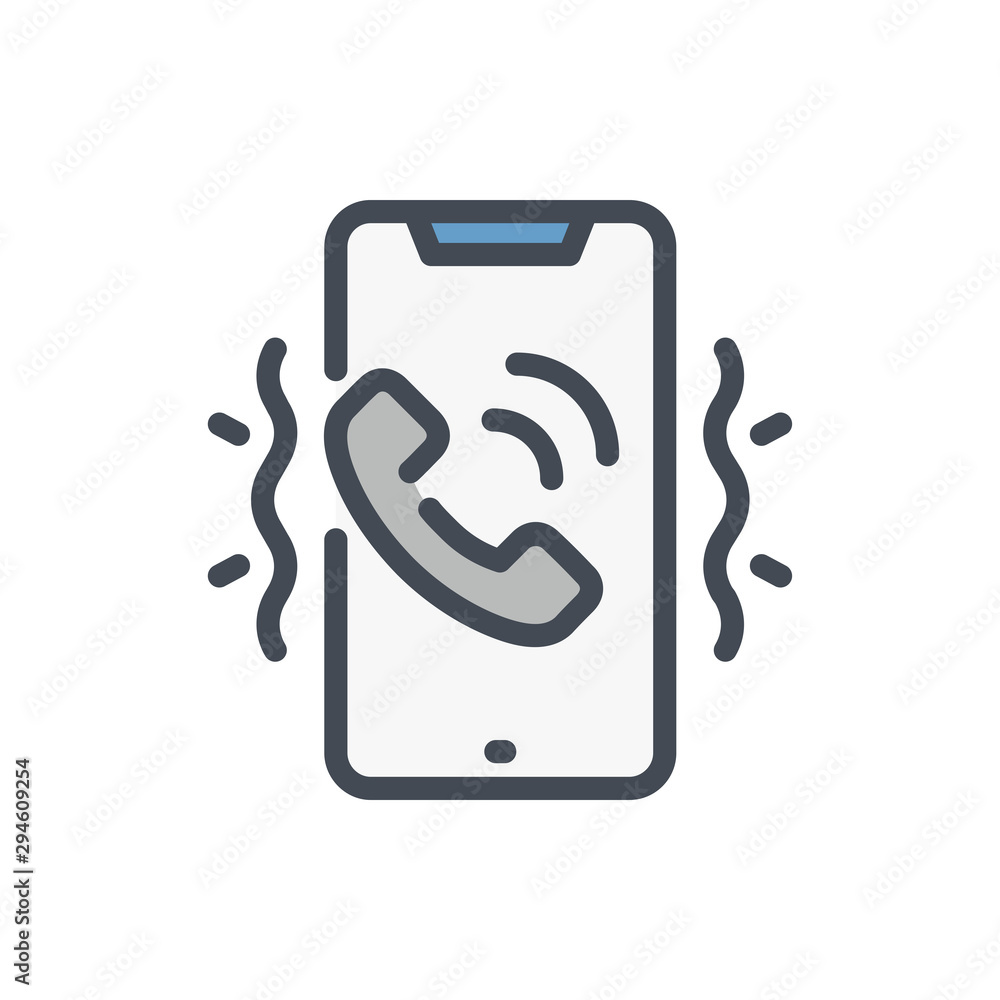 Poster smartphone with an incoming call color line icon. mobile phone with phone tube on display and vibrat