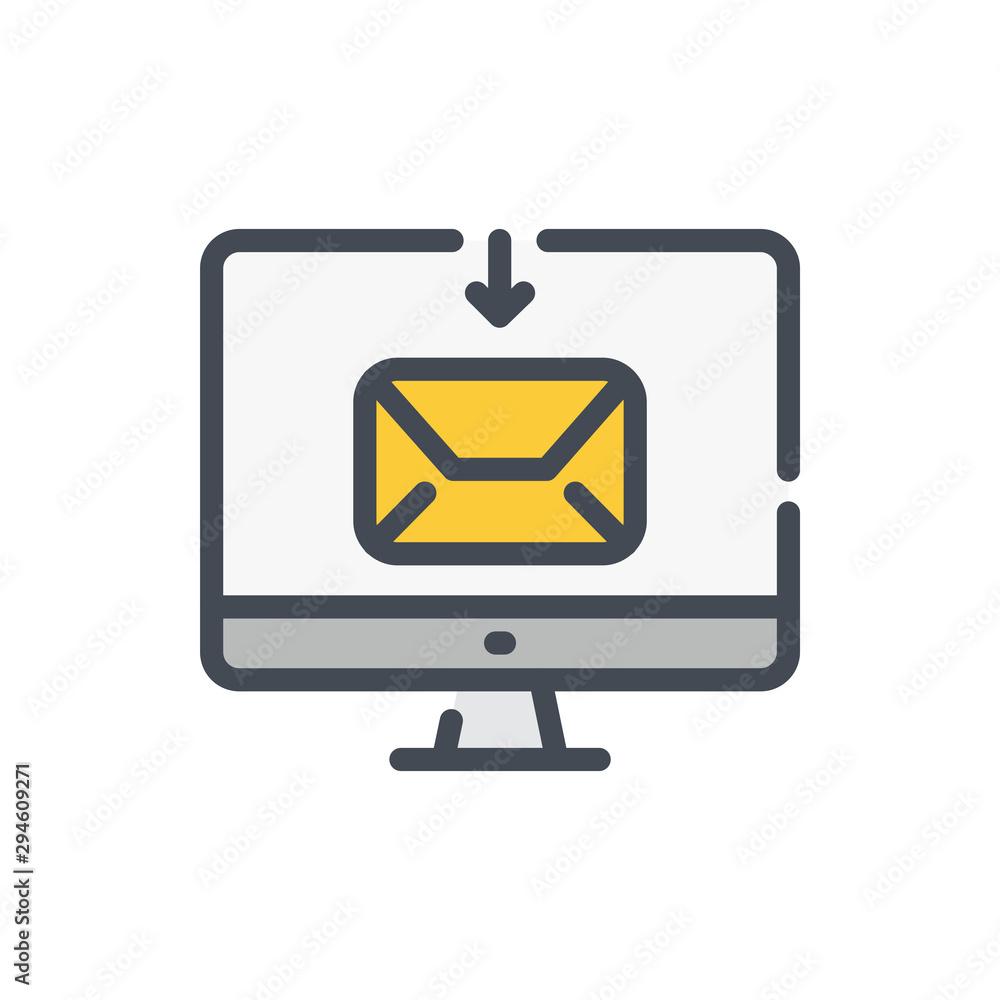Poster receive email color line icon. computer with incoming mail vector outline colorful sign.