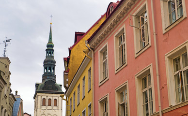 View of the old Tallinn streets and the St. Nicholas Church.