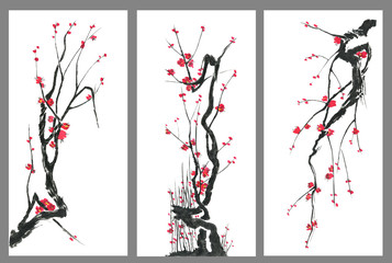 Set of sakura blossom branches. Pink and red stylized flowers of plum mei and  wild cherry . Watercolor and ink illustration of tree in style sumi-e, go-hua,  u-sin. Oriental traditional painting. .