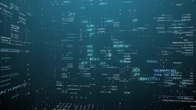 The camera moves in parts of the source code and information particles in 3d space