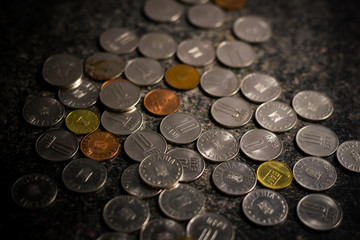 Close-up photo of romanian money, coins, 10 bani, 5 bani and 1 ban
