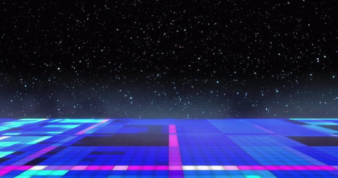 Seamless video loop, which is showing a smoky illuminated disco dance floor, hovering in outer space - ProRes
