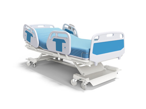 Blue hospital bed with lifting mechanism on standalone control panel isolated 3D render on white background with shadow