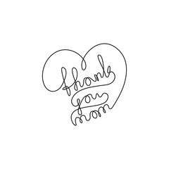 Thank you mom, emblem or logo design, continuous line drawing, banner, poster, flyers, marketing, greeting cards, hand lettering, one single line on white background, isolated vector.