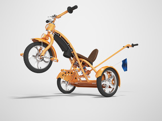 Fototapeta na wymiar Concept orange kids tricycle with lift front wheel 3d render on gray background with shadow