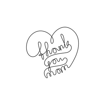 Thank you mom, emblem or logo design, continuous line drawing, banner, poster, flyers, marketing, greeting cards, hand lettering, one single line on white background, isolated vector.