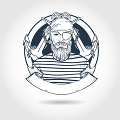 Hand drawn sketch, pirate face with beard, and anchor. Poster, flyer design