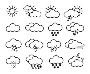 Weather icons set, weather forecast. Climatic symbols. Meteorology Icons