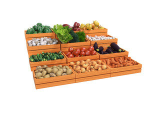 Concept selling set of vegetables in wooden boxes rear render on white background no shadow