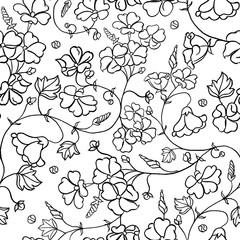 Hand drawn floristic seamless pattern. Set with simple flowers Bouquet Black & White. Graphic elements drawn with ink, branches of flowers. For postcards.