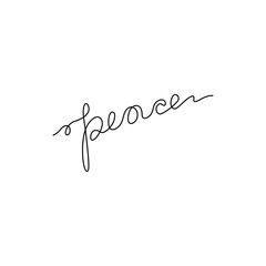 Fototapeta na wymiar Peace, word, calligraphy, continuous line drawing, hand lettering small tattoo, print for clothes, emblem or logo design, one single line on a white background, isolated vector illustration. 
