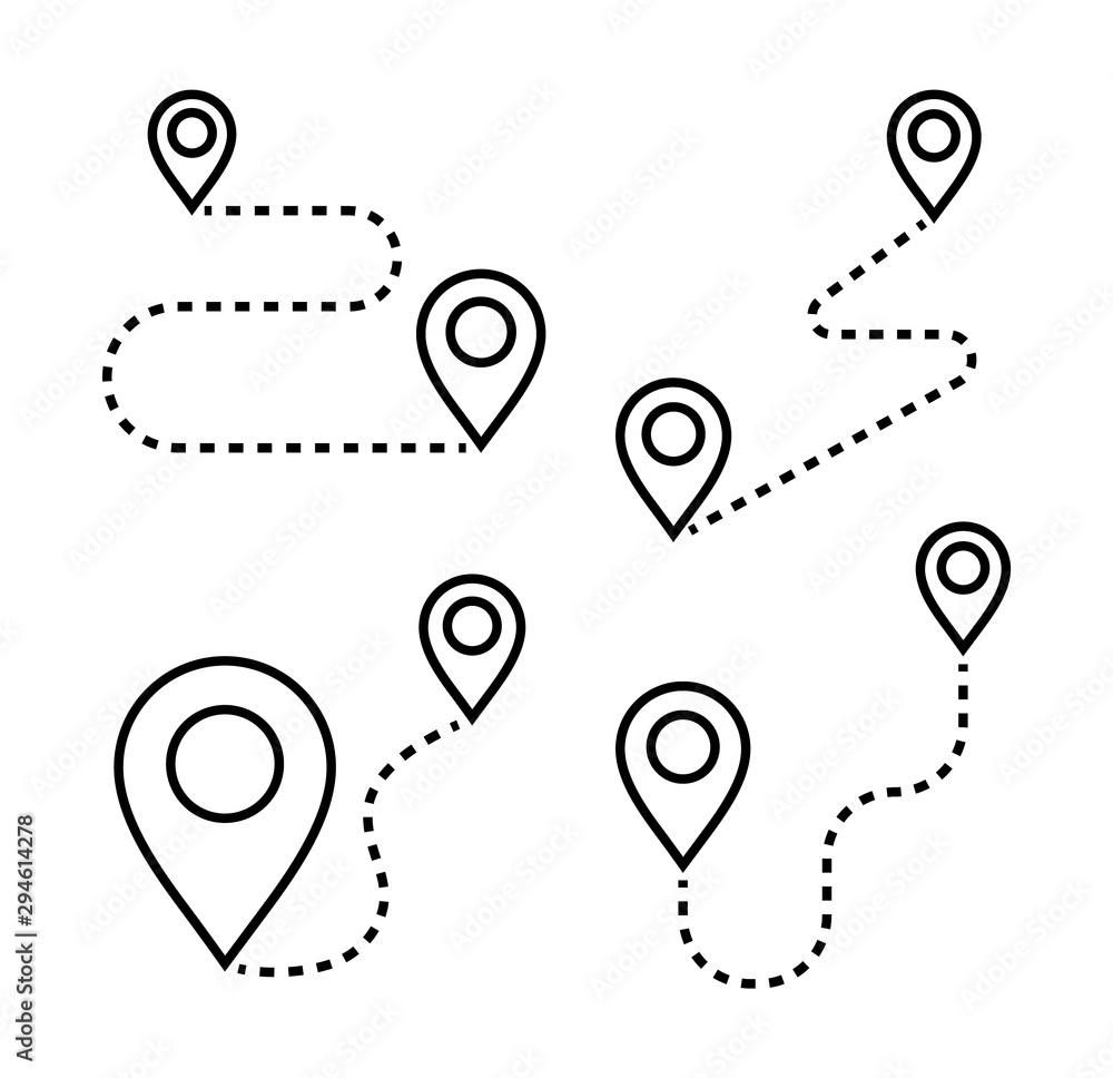Poster route with markers icons thin line. location and navigation icons. distance between pointers.