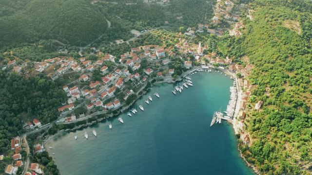 Aerial shot of beautiful town of Kioni and harbour. Ithaca island located in the Ionian Sea, Greece