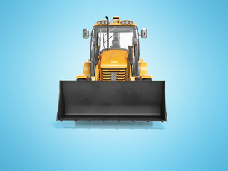 Concept excavator loader wheel front view 3d render on blue background with shadow
