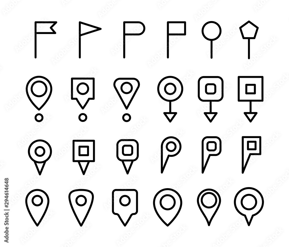 Poster map markers and pointers thin line. navigation map pins. vector icon.