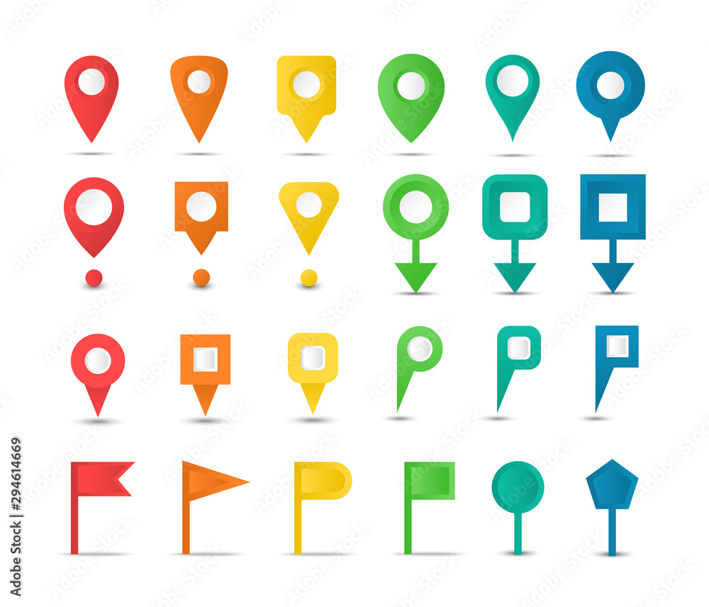 Poster set of map markers and colorful pointers. navigation map pins. collection gps icons.