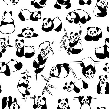 Seamless pattern with little cartoon pandas that are busy with different things. Black-and-white graphics for design. Set of hand drawn design elements. Collection of black ink
