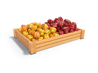 Concept sell set of yellow and red sweet peppers in wooden box rear render on white background with shadow