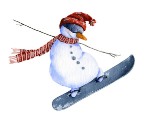 Cute cartoon snowman-snowboarder hand drawn in watercolor isolated on a white background. Christmas watercolor illustration. Watercolor snowmen. Picture from Snowmen collection.