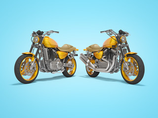 Fototapeta na wymiar Concept orange two motorcycle front view rear render on blue background with shadow