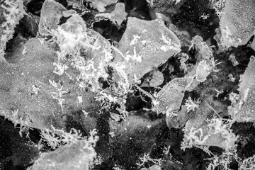 A monochrome close-up of the texture background of winter frozen river ice