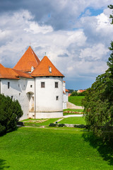 Fototapeta na wymiar Historical fortress of old castle in Varazdin city, Croatia, green trees and sunny summer day