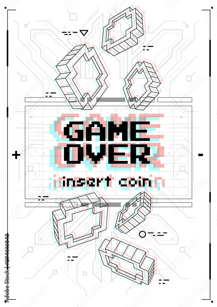 Poster futuristic poster with retro games elements. game over screen with virtual reality style. template f