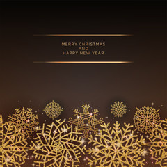 Elegant Christmas greeting card with Shining glittering Gold Snowflakes on black Background . Vector illustration