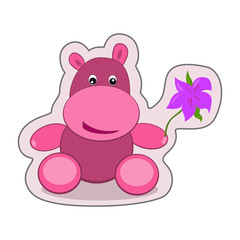 Cute hippo with a flower. Abstract concept, icon. Vector illustration on white background.