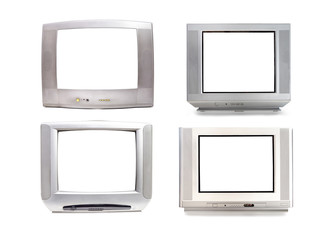 Set of analog television color bronze isolated on white background. Four TVs receiver on white