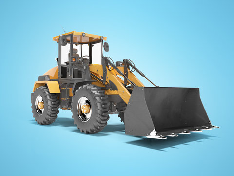 Concept excavator tractor for road works 3d render on blue background with shadow
