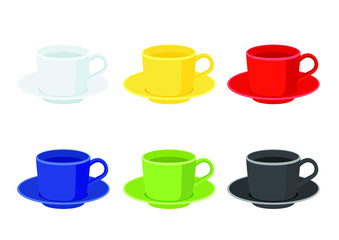 coffee cup on saucer on white background illustration vector and many coffee cups multi color White yellow red blue green black 