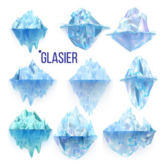 Glacier Frozen Rock And Iceberg Collection Vector. Different Form And Size Frosty Glacier Floating On Water Waves. Broking And Dangerous For World Climate System Realistic 3d Illustrations