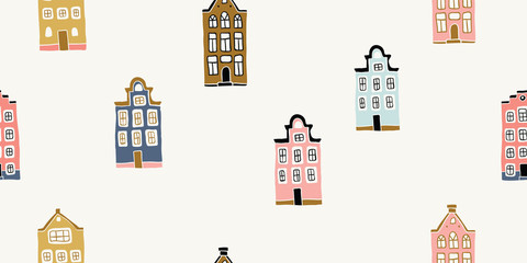 Seamless pattern, hand drawn scandinavian houses